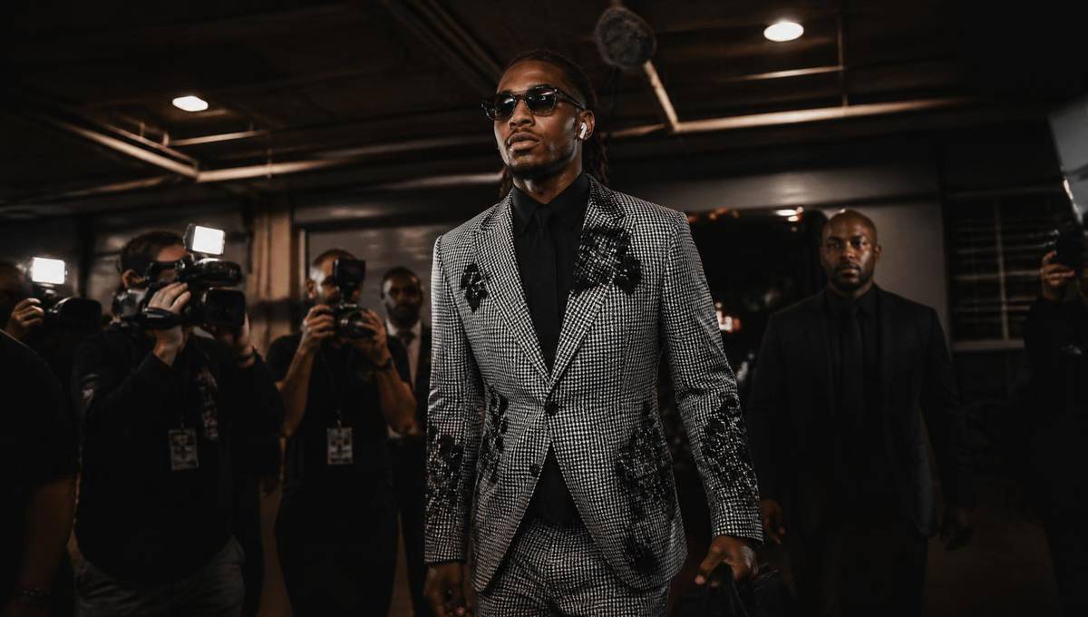 Athlete arriving at a red-carpet event in a bespoke designer suit