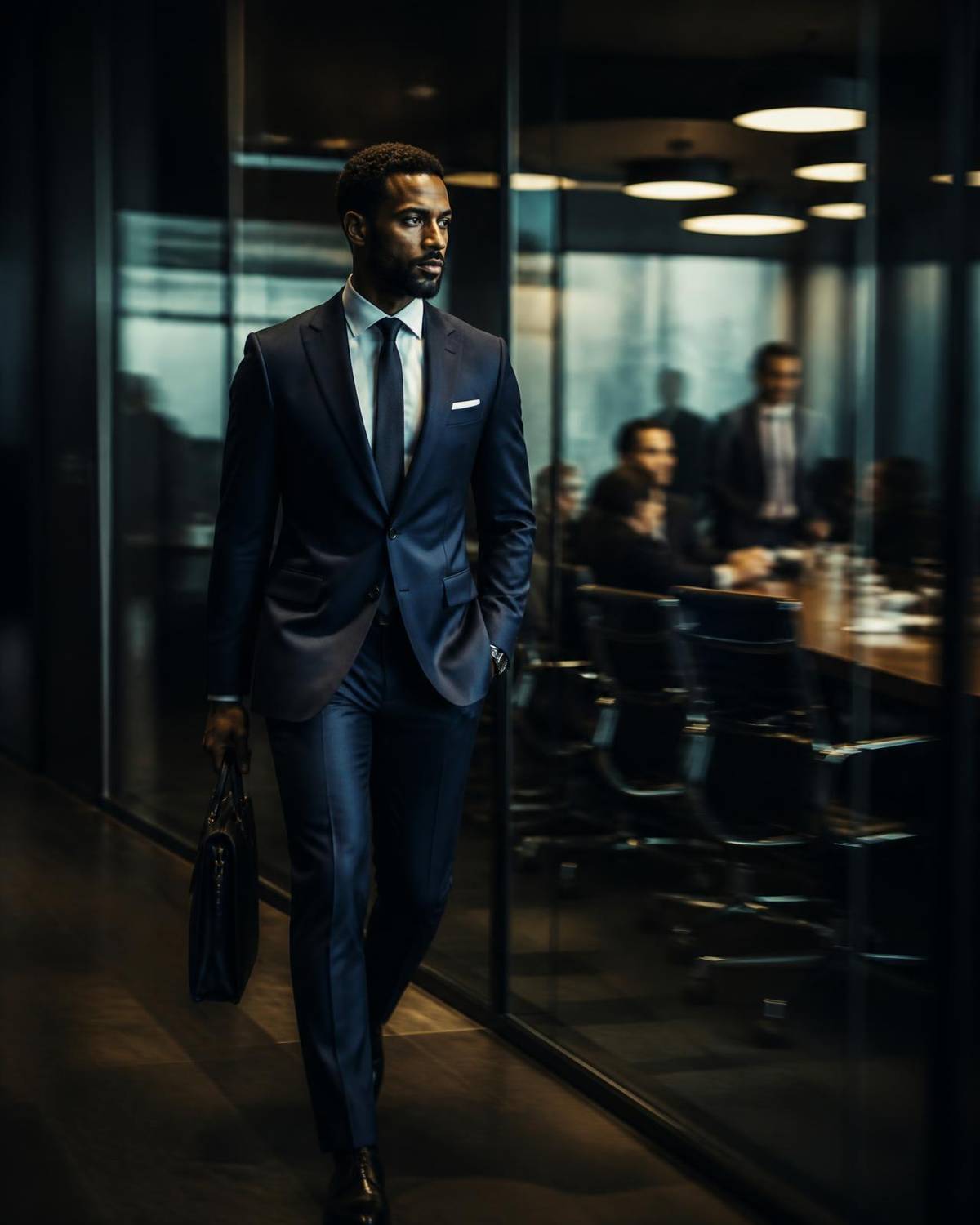 Executive in a tailored charcoal suit walking into a boardroom