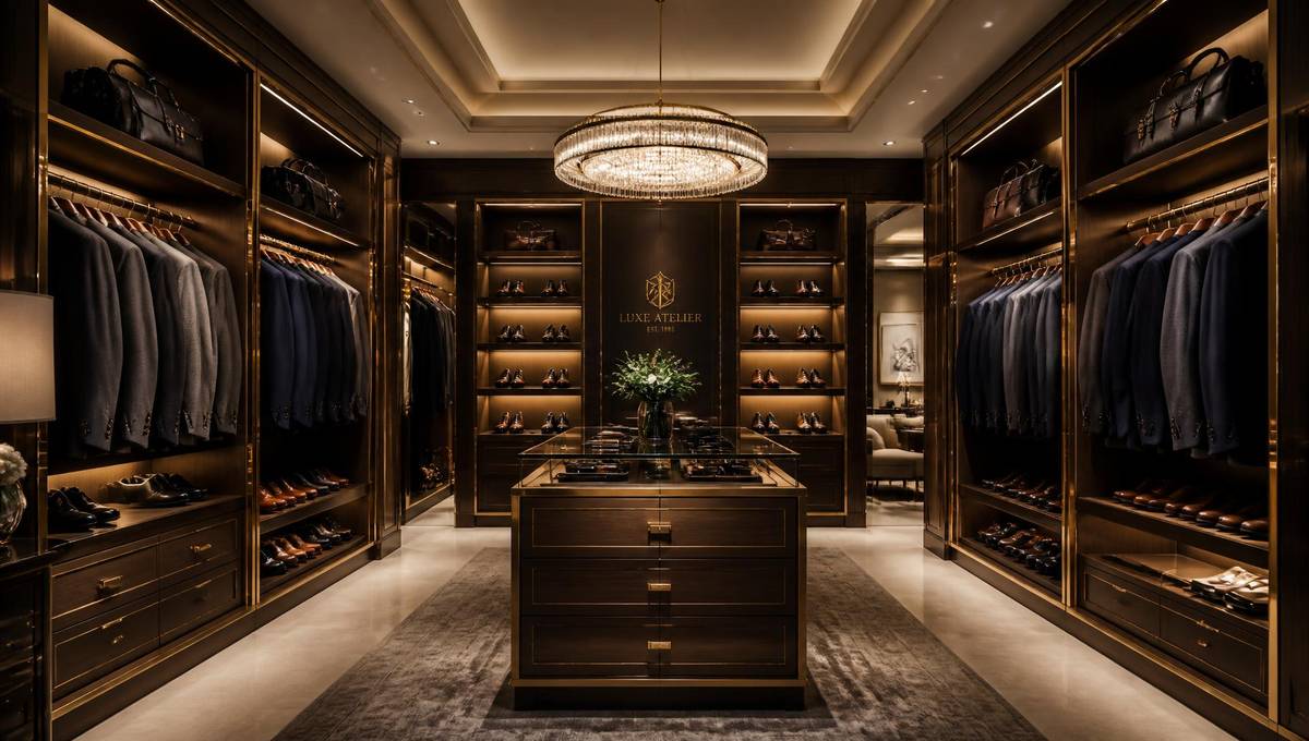 Private showroom lined with bespoke suits, shirting and accessories